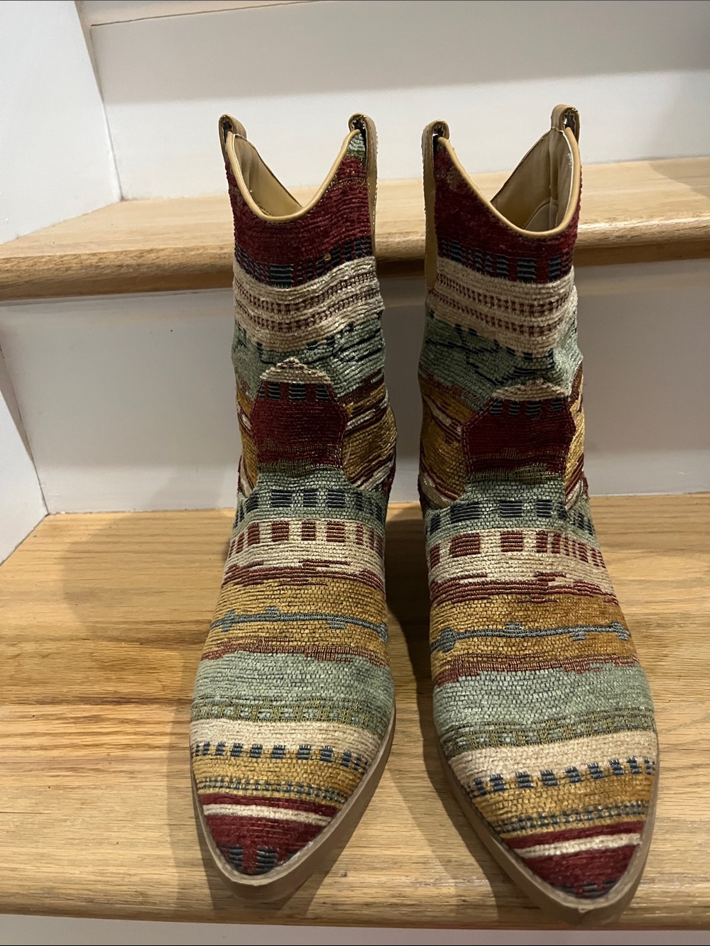 Woven Multicolor Southwestern Ankle Boots - Pointed Toe